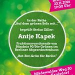 Einladung: Antje Kapek im Gespräch über die neue Koalition für Berlin auf dem grünen Sofa in Kaulsdorf