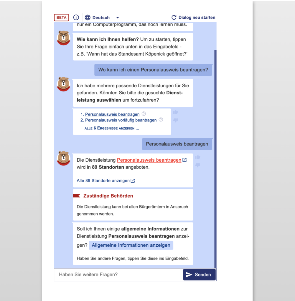 Chatfenster des Chatbots Bobbi auf der Website der Stadt Berlin.