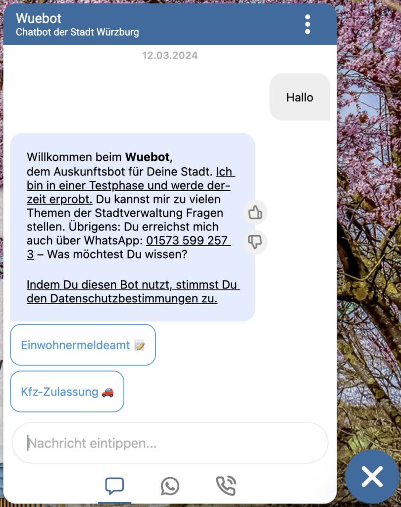 Ein Chatfenster auf der Website von Würzburg, der Chatbot hat den Namen Wuebot